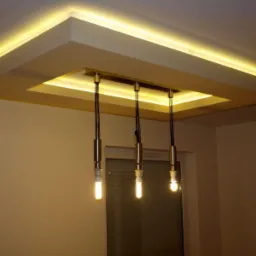 Podwieszany sufit z oświetleniem LED i trzema wiszącymi lampami z żarówkami Edisona, widok od dołu.