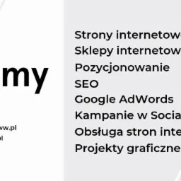 Grafika firmowa z nazwą firmy 'robimy WWW', adresem e-mail, adresem strony internetowej oraz listą usług: strony internetowe, sklepy internetowe, pozycjonowanie, SEO, Google AdWords, kampanie...