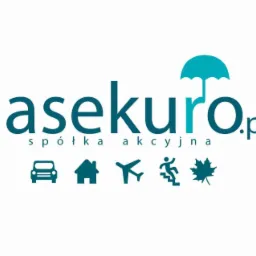 Logo firmy asekuro.pl w kolorze turkusowym z ikonami samochodu, domu, samolotu, osoby biegnącej po schodach i liścia klonu.