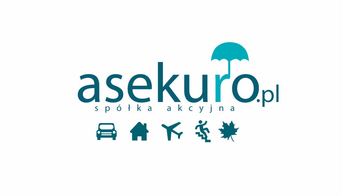 Logo firmy asekuro.pl w kolorze turkusowym z ikonami samochodu, domu, samolotu, osoby biegnącej po schodach i liścia klonu.