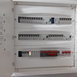 Otwarta skrzynka rozdzielcza z bezpiecznikami, wyłącznikami różnicowoprądowymi i listwą zaciskową, z widoczną rozpiską obwodów na wewnętrznej stronie drzwiczek.