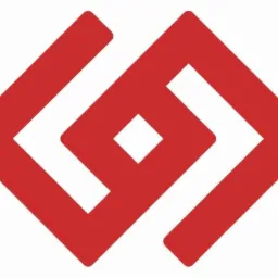 Czerwone logo firmy w formie stylizowanych, połączonych ze sobą liter, tworzących symetryczny wzór z kwadratem pośrodku.