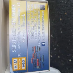 Wizytówka serwisu AGD-RTV Komis z Krakowa, zawierająca dane kontaktowe, adres, godziny otwarcia oraz logo firm AGD, takich jak Amica, Beko, Bosch, Siemens, Zanussi.