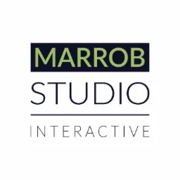 Logo Marrob Studio Interactive, z napisem 'MARROB' w kolorze zielonym na ciemnym prostokącie, poniżej 'STUDIO' w cienkich czarnych literach, a pod tym 'INTERACTIVE' również w cienkich czarnych...