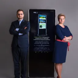 Dwoje elegancko ubranych osób stoi obok interaktywnego ekranu prezentującego przykładową stronę internetową z mapą i opisem, z logo Marrob Studio Interactive w górnej części ekranu.