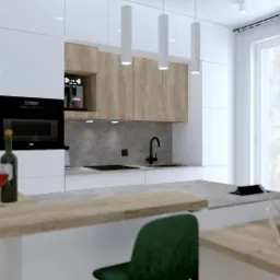 Nowoczesna kuchnia z białymi i drewnianymi szafkami, czarnym sprzętem AGD marki AEG, blatem z szarego kamienia, zielonymi krzesłami barowymi i butelką wina z dwoma kieliszkami na wyspie kuchennej.