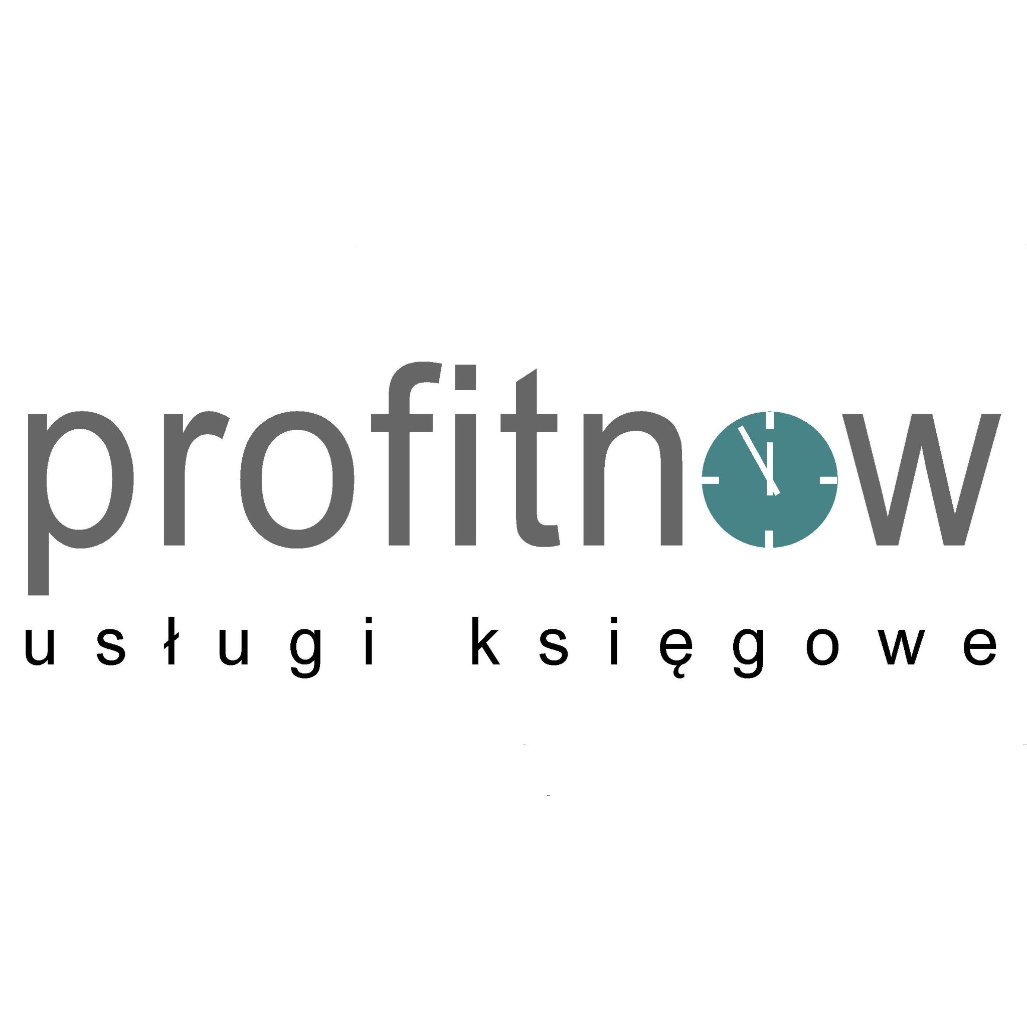 Logo firmy ProfitNow Usługi Księgowe z zegarem w nazwie