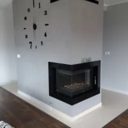 Nowoczesny narożny kominek z czarną obudową i widocznym paleniskiem, ozdobiony dużym zegarem ściennym i napisem 'HOME', na tle drewnianej podłogi i jasnych płytek.
