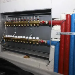 Rozdzielacz ogrzewania podłogowego w metalowej szafce, z rurami czerwonymi i niebieskimi w izolacji, osadzony w ścianie z betonu komórkowego, widoczny czarny fragment folii izolacyjnej.