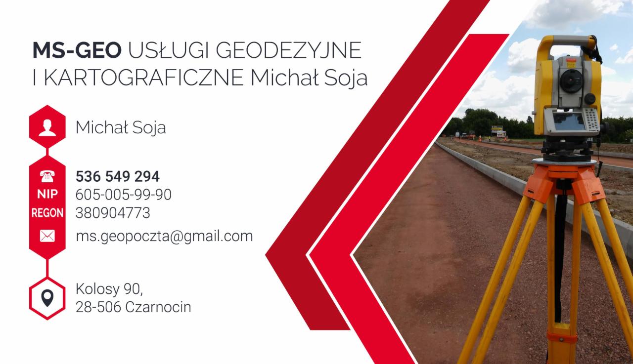 Zdjęcie wizytówki firmy MS-GEO oferującej usługi geodezyjne i kartograficzne Michała Soji, z widocznym tachimetrem na tle budowy drogi.