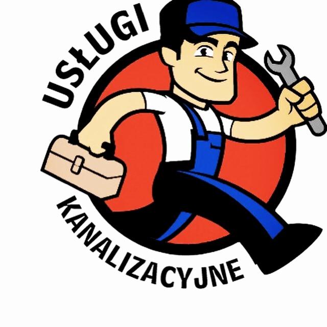 Uśmiechnięty hydraulik w niebieskim kombinezonie i czapce, trzymający klucz francuski i skrzynkę narzędziową, na tle czerwonego koła z napisem 'Usługi Kanalizacyjne'.