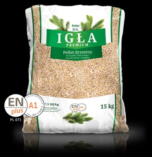 Worek pelletu drzewnego Igła Premium 15 kg, z widocznymi certyfikatami ENplus A1 i oznaczeniem PL 073, na ciemnym tle. Widoczne igły sosny w logo.