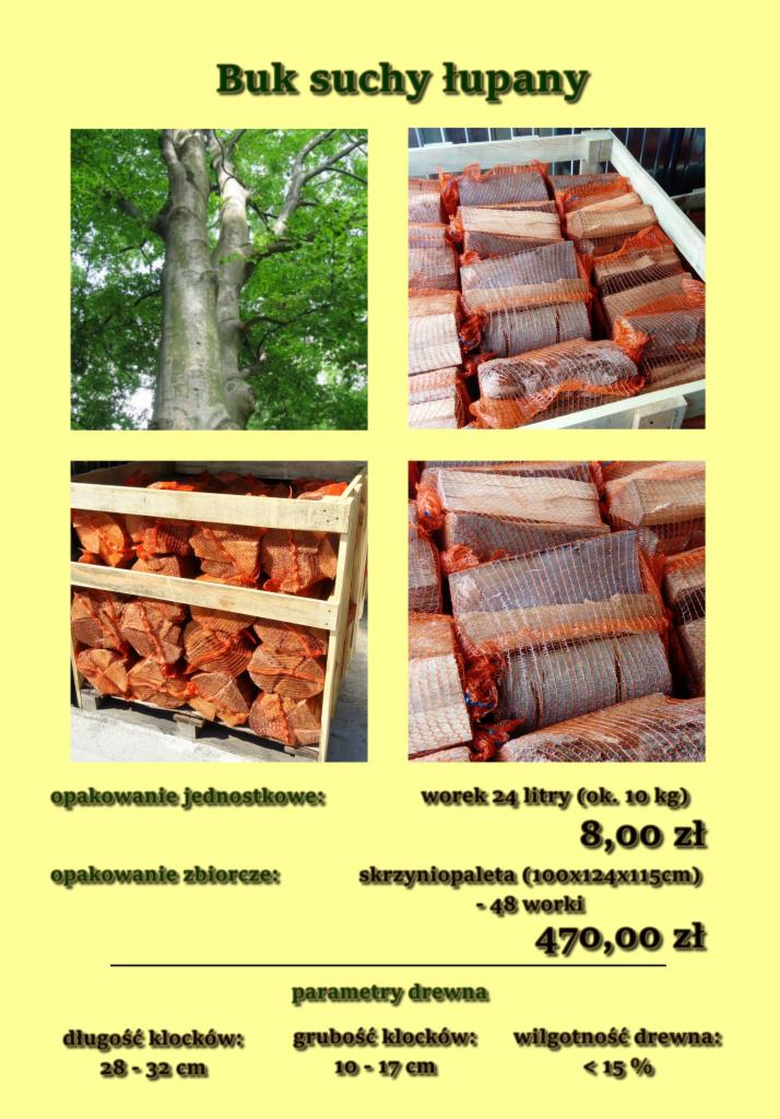 Informacja o sprzedaży bukowego opału: zdjęcie drzewa, opakowanie jednostkowe w worku 24 litry, opakowanie zbiorcze na skrzyniopalecie, parametry drewna: długość, grubość i wilgotność.