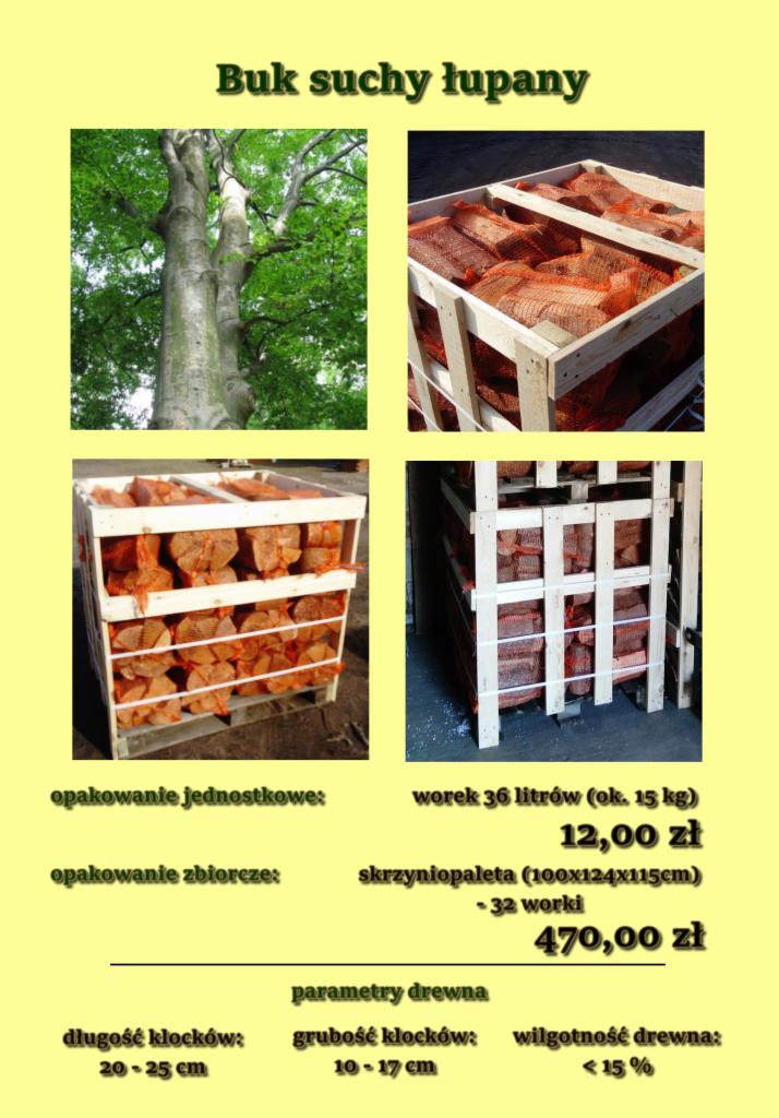 Buk w lesie obok skrzyniopalet z pociętym drewnem, informacja o cenie za worek i skrzyniopaletę oraz parametrach drewna.