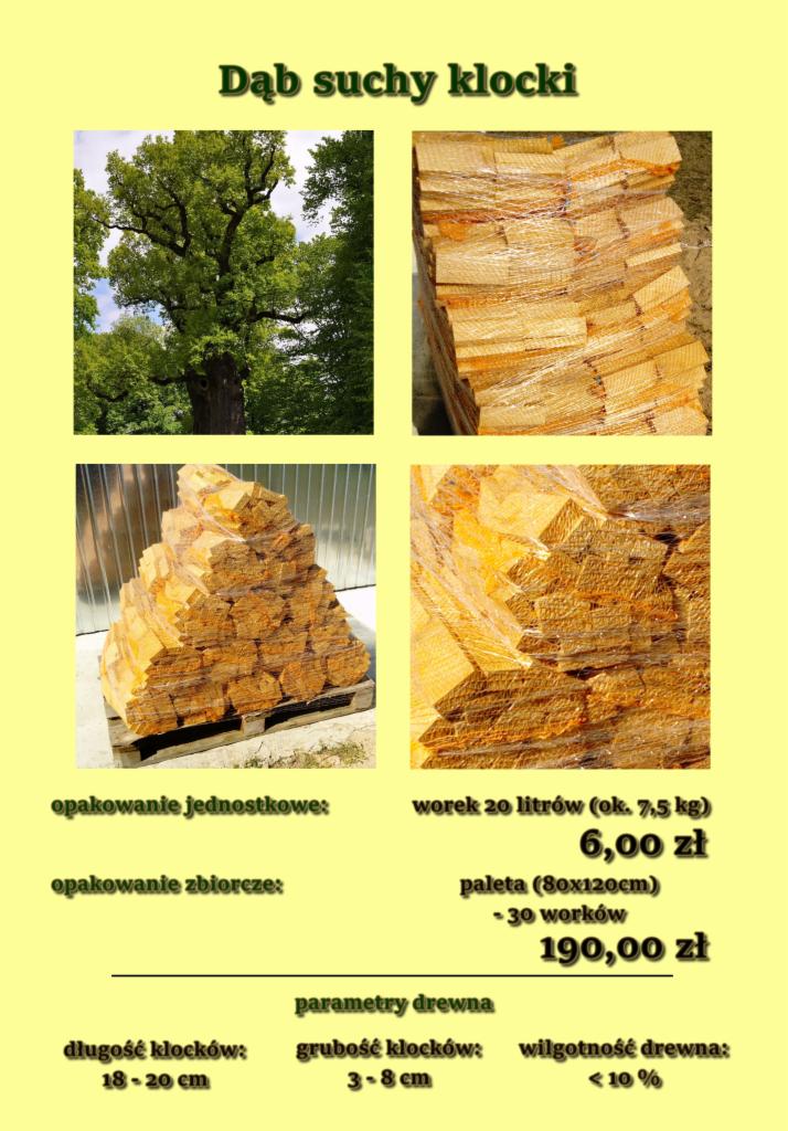 Kompozycja z czterech ujęć: dąb, paleta z klockami drewna owinięta folią, stos klocków na palecie oraz specyfikacja produktu z cenami i parametrami.