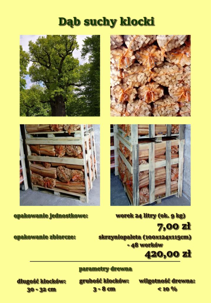 Kolaż z czterech ujęć: dąb w pełnym rozkwicie, pakowane klocki do kominka w workach i w skrzyniopaletach; informacje o parametrach drewna i cenach.