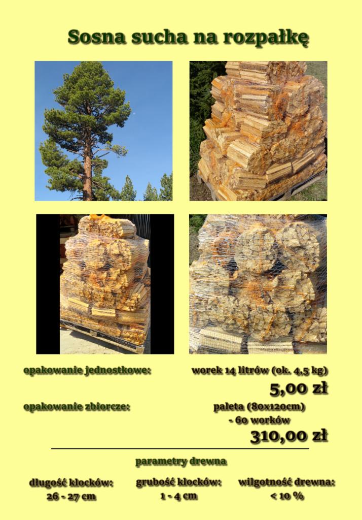 Zestawienie zdjęć: sosna w pełnej krasie, ułożone i spakowane szczapy drewna na rozpałkę, specyfikacja produktu: wilgotność poniżej 10%, długość klocków 26-27 cm, grubość 1-4 cm.