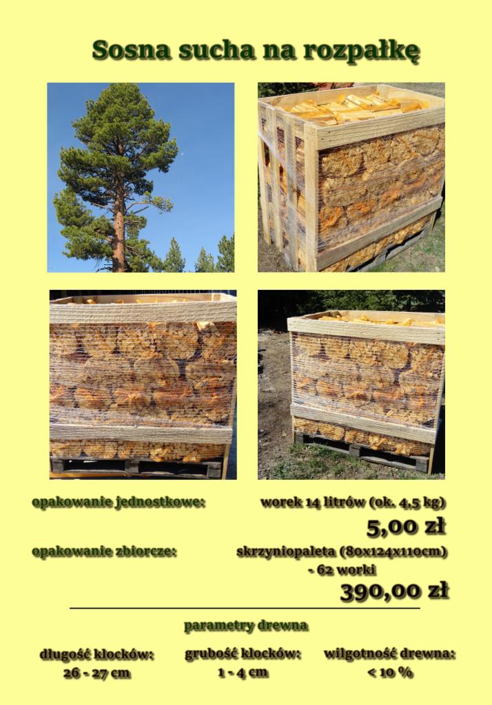 Skrzyniopaleta wypełniona pociętymi kawałkami drewna sosnowego, przeznaczonego na rozpałkę, widok z boku i z góry, obok zdjęcie sosny.