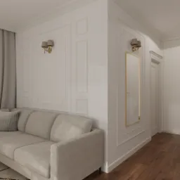 Jasny salon z narożną sofą, marmurowym stolikiem kawowym i dekoracyjnymi panelami ściennymi z kinkietami, uzupełniony o beżowe zasłony i parkiet w odcieniach brązu.