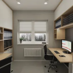 Nowoczesne biuro domowe z dwoma stanowiskami pracy, jasnymi biurkami z drewna, białymi szafkami i półkami, szarymi ścianami oraz oknem z widokiem na drzewa.