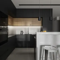 Nowoczesna kuchnia w odcieniach szarości i czerni z drewnianymi akcentami, oświetleniem punktowym i wyspą z hokerami.