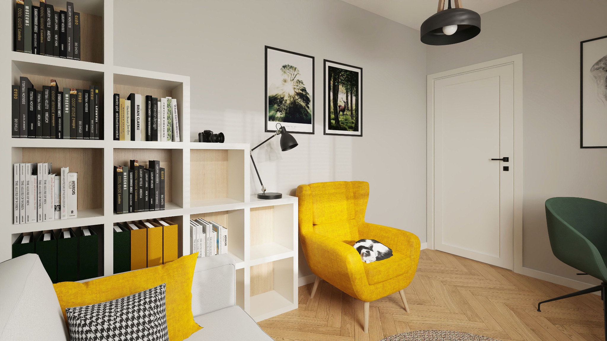 Jasnożółty fotel uszak z poduszką w czarno-białe wzory leżącą na siedzisku, obok biały regał z książkami, czarna lampka biurkowa, na ścianie grafiki w czarnych ramkach, podłoga w jodełkę.