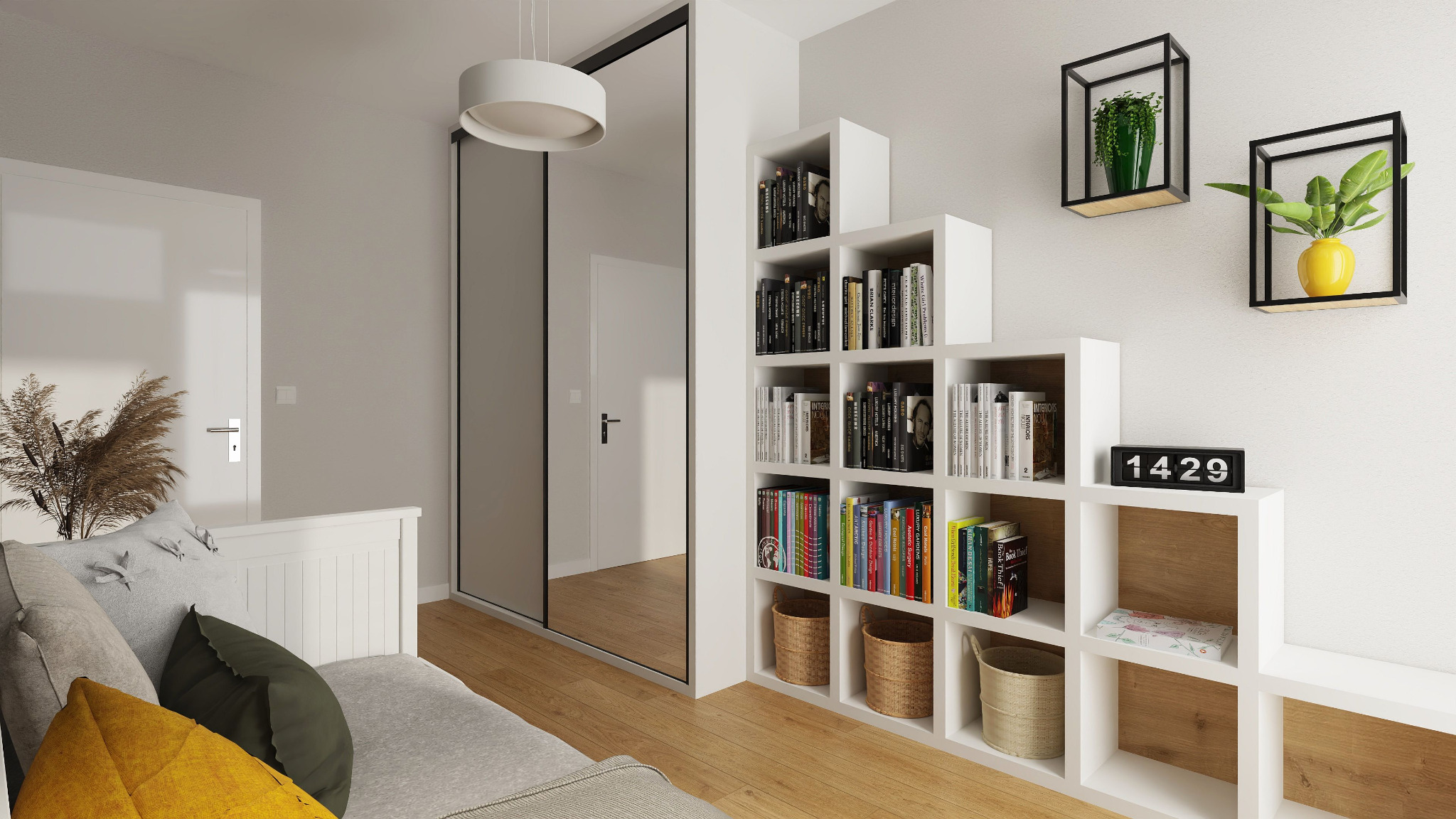 Pokój dzienny z białym regałem schodkowym wypełnionym książkami, dekoracjami i koszykami, minimalistyczna lampa sufitowa, sofa z poduszkami i lustrzane drzwi przesuwne szafy.