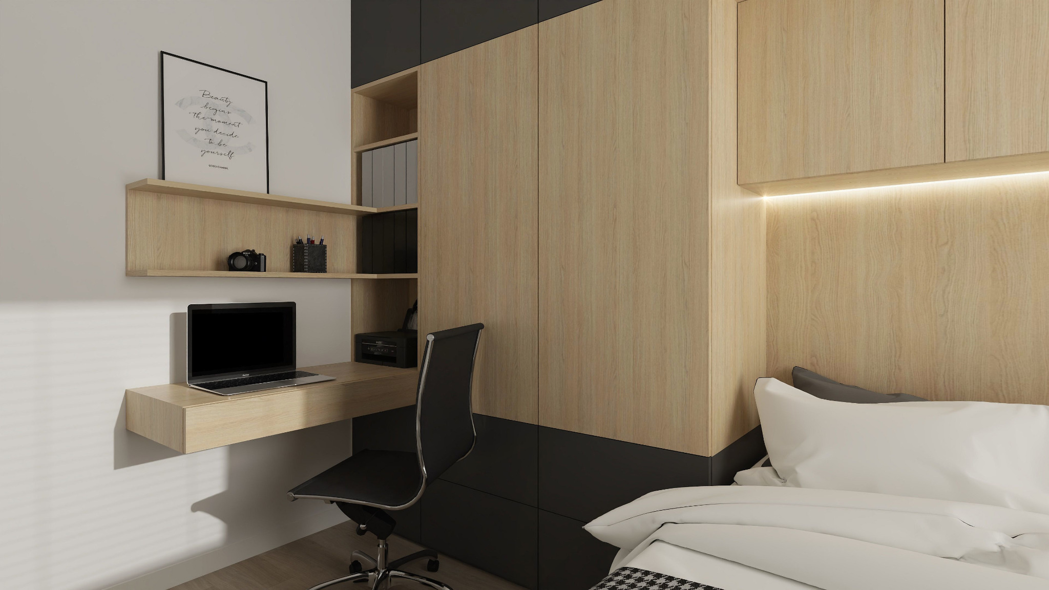 Nowoczesny pokój z biurkiem zawieszonym na ścianie, z laptopem, półkami z dekoracjami, i szafą z oświetleniem LED, połączony z sypialnią.