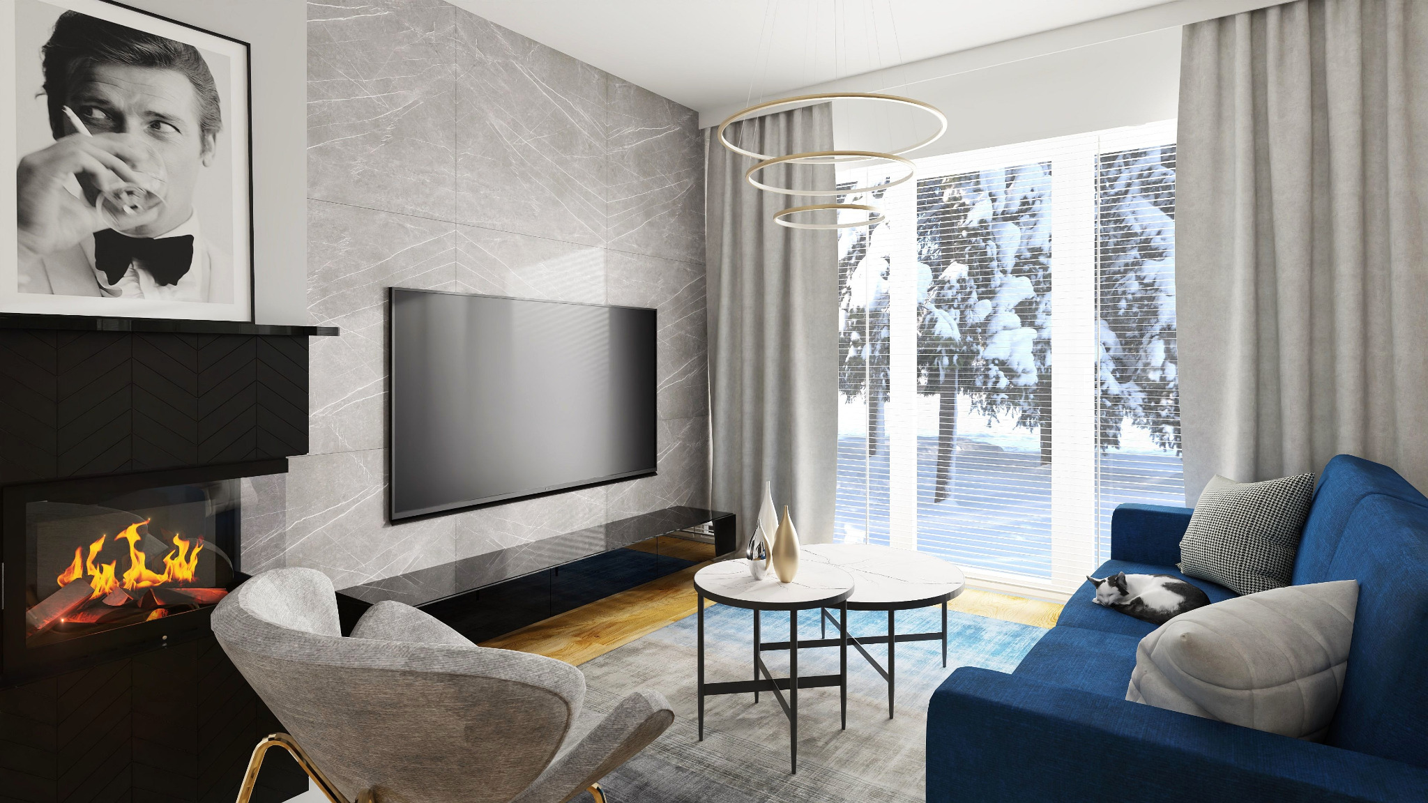 Wizualizacja salonu z kominkiem, telewizorem, niebieską sofą i widokiem na zaśnieżony ogród przez okno z żaluzjami.