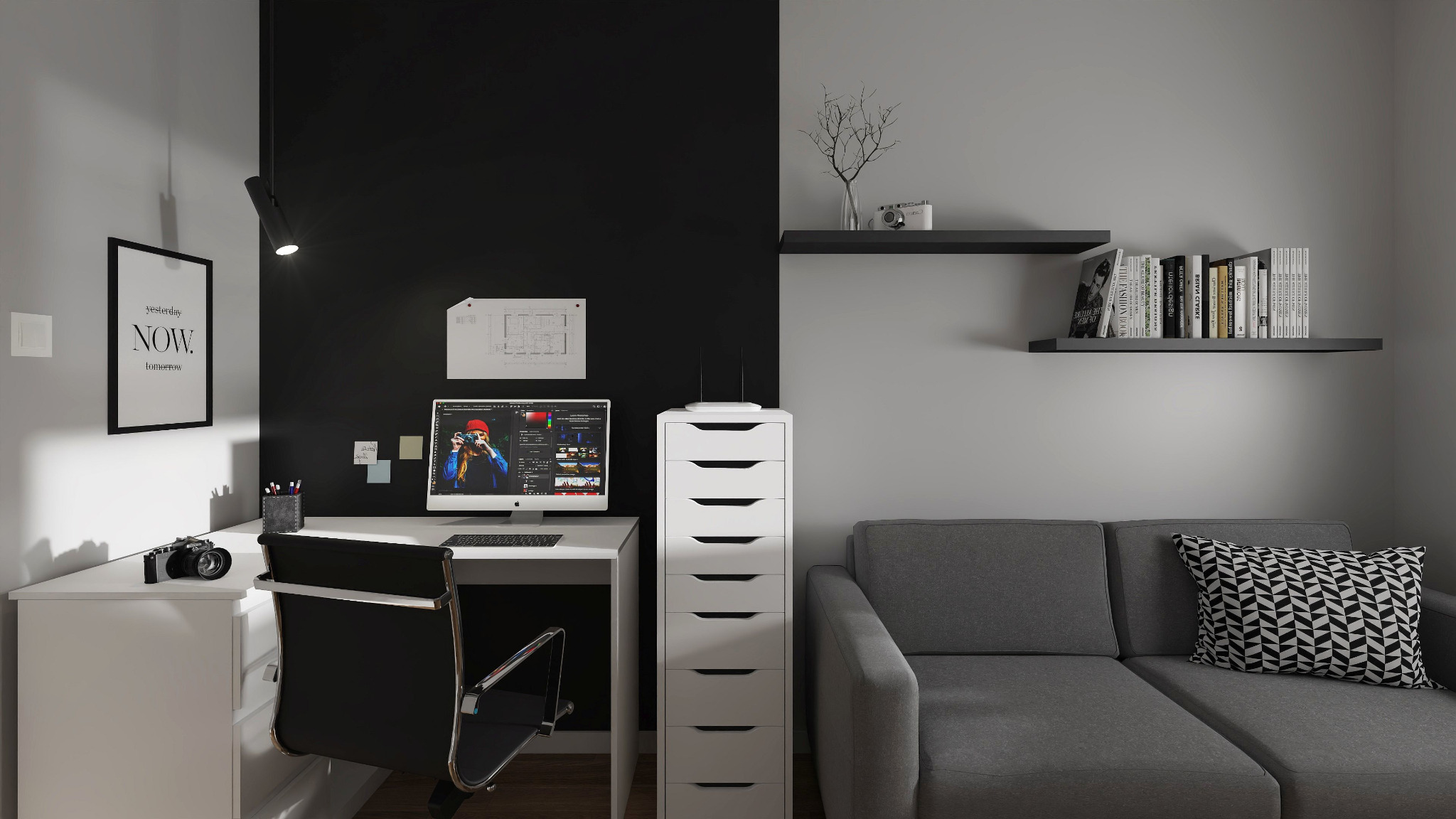 Nowoczesne biuro domowe z czarno-białą ścianą, białym biurkiem, krzesłem biurowym, regałem z szufladami, szarą sofą i półkami z książkami, oświetlone punktowym światłem.