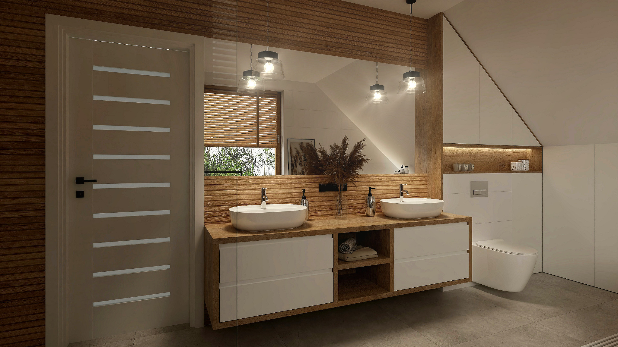 Nowoczesna łazienka na poddaszu z drewnianymi akcentami, podwójną umywalką nablatową, wiszącą toaletą i oświetleniem punktowym.
