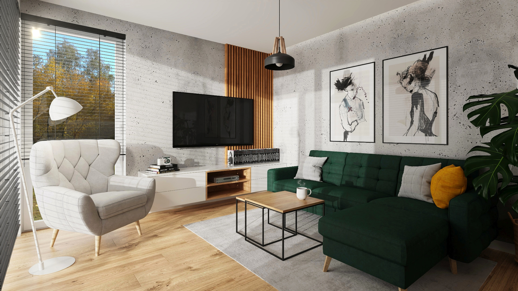 Nowoczesny salon z zieloną sofą narożną, fotel w stylu retro, drewniane lamele za telewizorem i betonowa ściana z dwoma obrazami.