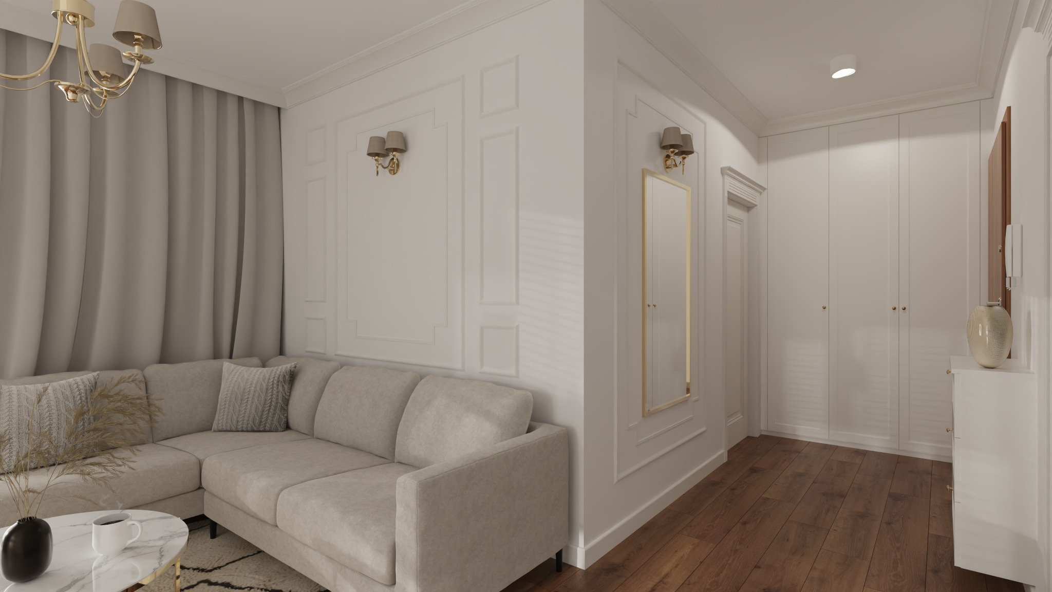 Jasny salon z narożną sofą, marmurowym stolikiem kawowym i dekoracyjnymi panelami ściennymi z kinkietami, uzupełniony o beżowe zasłony i parkiet w odcieniach brązu.