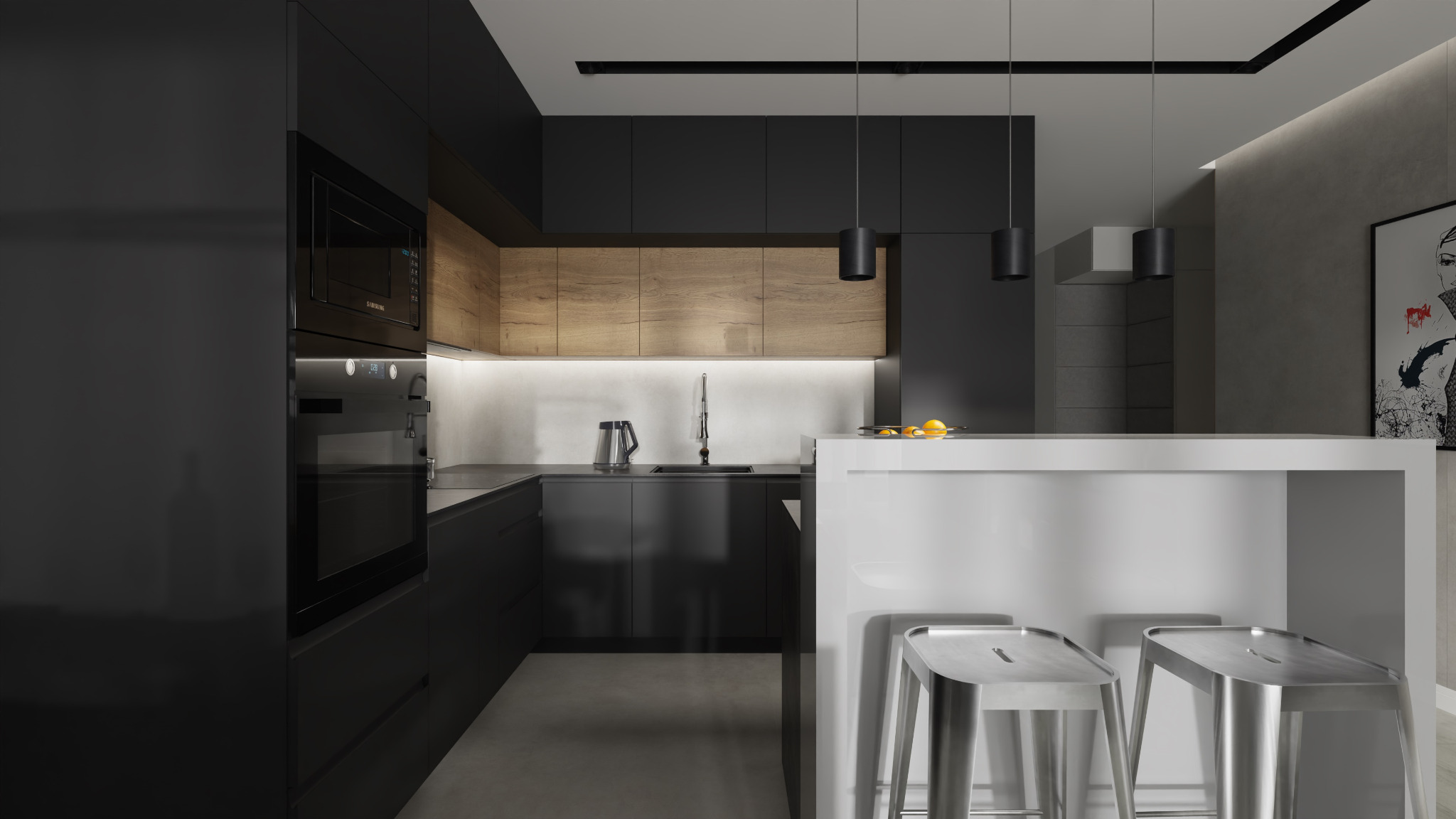 Nowoczesna kuchnia w odcieniach szarości i czerni z drewnianymi akcentami, oświetleniem punktowym i wyspą z hokerami.