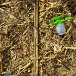 Pobór próbki gleby wiertłem glebowym z widocznym profilem glebowym na tle resztek pożniwnych kukurydzy i fragment buta.