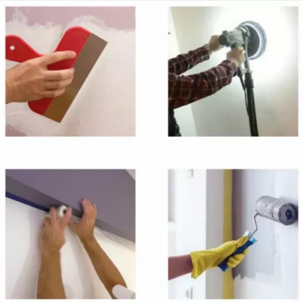 Kompozycja czterech ujęć przedstawiających etapy prac remontowych: szpachlowanie ściany szpachelką z czerwoną rączką, szlifowanie ściany szlifierką z odkurzaczem, naklejanie taśmy malarskiej...