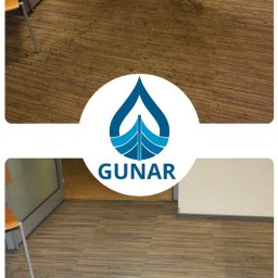 GUNAR Paweł Neider - Porównanie czystości wykładziny biurowej przed i po czyszczeniu, widoczne różnice w odcieniach brązu i beżu, w tle fragment krzesła i drzwi, logo firmy GUNAR na środku.