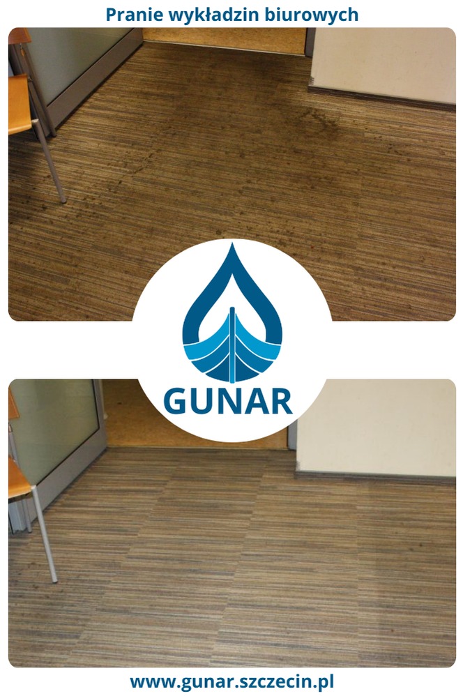 Porównanie czystości wykładziny biurowej przed i po czyszczeniu, widoczne różnice w odcieniach brązu i beżu, w tle fragment krzesła i drzwi, logo firmy GUNAR na środku.