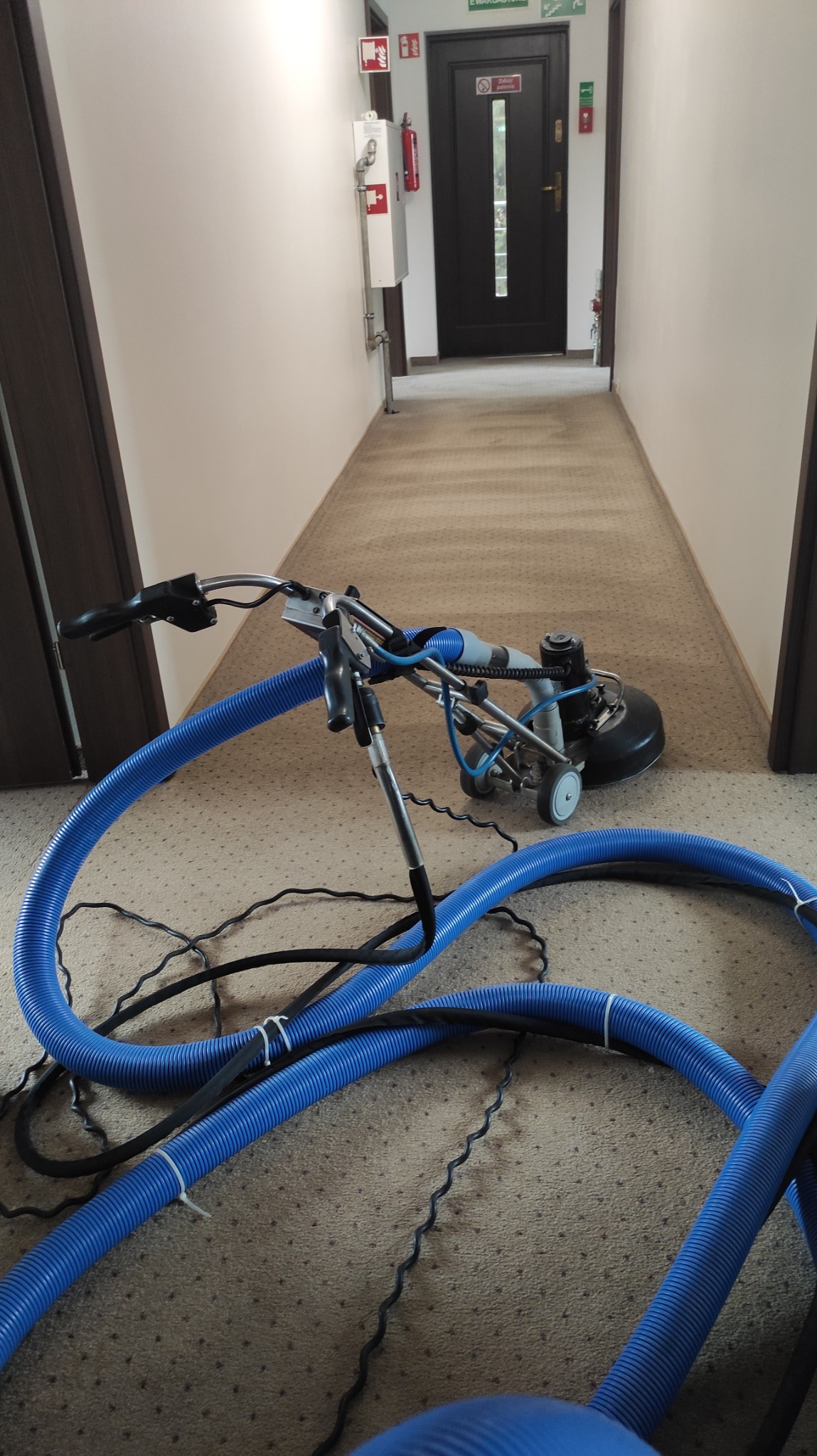 Profesjonalna maszyna do czyszczenia dywanów z niebieskimi wężami i czarnymi kablami na wzorzystym dywanie w korytarzu hotelowym z drzwiami ewakuacyjnymi w tle.