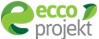 Zielono-szare logo firmy Ecco Projekt z stylizowaną literą 'e' i liściem.
