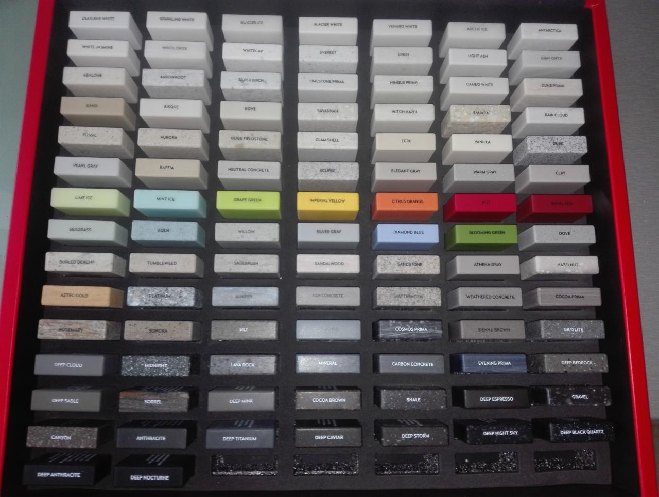 Ekspozycja próbek blatów w różnych kolorach i fakturach, ułożonych w pudełku z czerwonym obramowaniem, prezentująca szeroki wybór materiałów wykończeniowych.