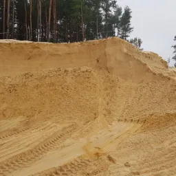 Kopalnia odkrywkowa z widocznymi śladami opon ciężkiego sprzętu na zboczu usypanym z wydobytego materiału; w tle widoczne drzewa iglaste.