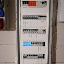 Elstart usługi elektryczne Michał Bejger - Rozdzielnica elektryczna z zainstalowanymi zabezpieczeniami, wyłącznikami różnicowoprądowymi, licznikiem energii elektrycznej ORNO i opisami obwodów, zamontowana na ścianie z surowego betonu.