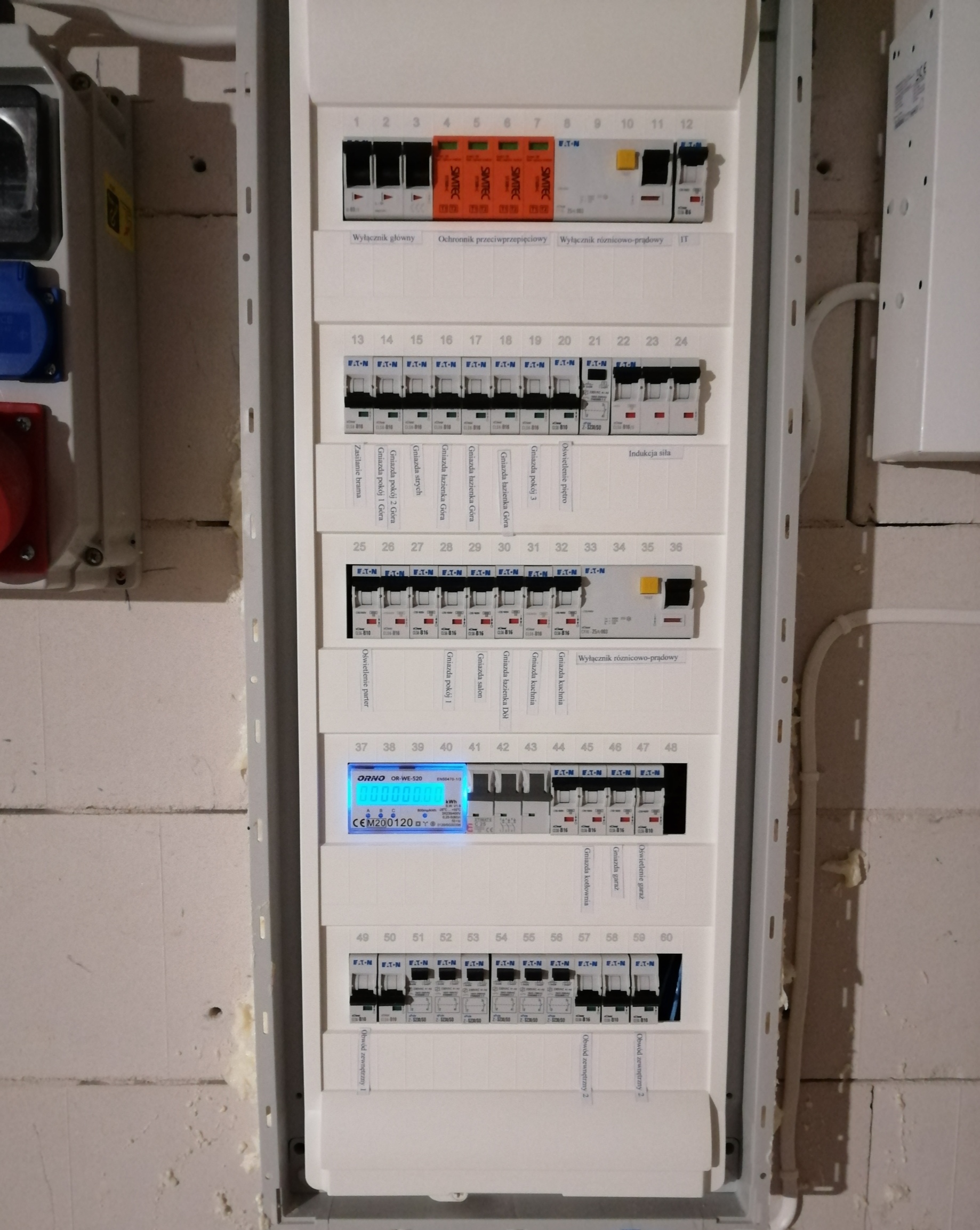 Rozdzielnica elektryczna z zainstalowanymi zabezpieczeniami, wyłącznikami różnicowoprądowymi, licznikiem energii elektrycznej ORNO i opisami obwodów, zamontowana na ścianie z surowego betonu.