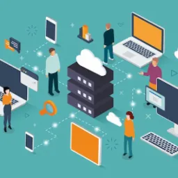 Izometryczna ilustracja przedstawiająca sieć urządzeń, serwerów i postaci, symbolizująca komunikację i przepływ danych w środowisku cyfrowym.