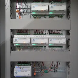 Rozdzielnica elektryczna z zamontowanymi modułami sterującymi IUVO Controller 0806, widoczne liczne przewody i złączki.
