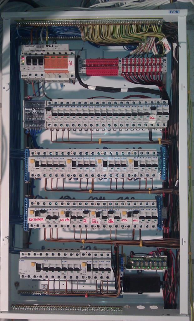Rozdzielnica elektryczna z zamontowanymi bezpiecznikami, przewodami i listwami zaciskowymi w metalowej obudowie. Na niektórych bezpiecznikach widoczne napisy flamastrem.