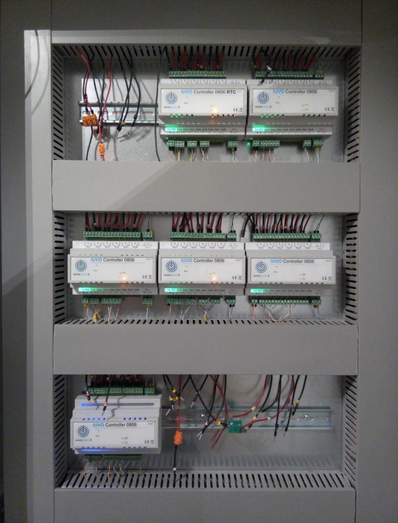 Rozdzielnica elektryczna z zamontowanymi modułami sterującymi IUVO Controller 0806, widoczne liczne przewody i złączki.