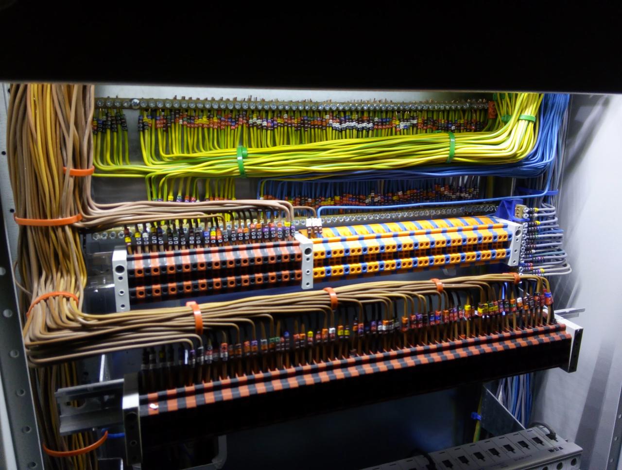 Rozdzielnica elektryczna z uporządkowanymi przewodami w różnych kolorach, oznaczonymi końcówkami, ułożonymi w wiązki i przymocowanymi pomarańczowymi opaskami.