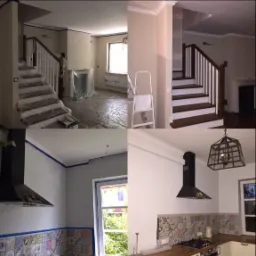 Czteropanelowe zdjęcie wnętrza domu: dwa ujęcia salonu w trakcie zabezpieczania folią i taśmą malarską przed pracami, oraz dwa ujęcia kuchni, gdzie widać przygotowane ściany i fragmenty płytek...